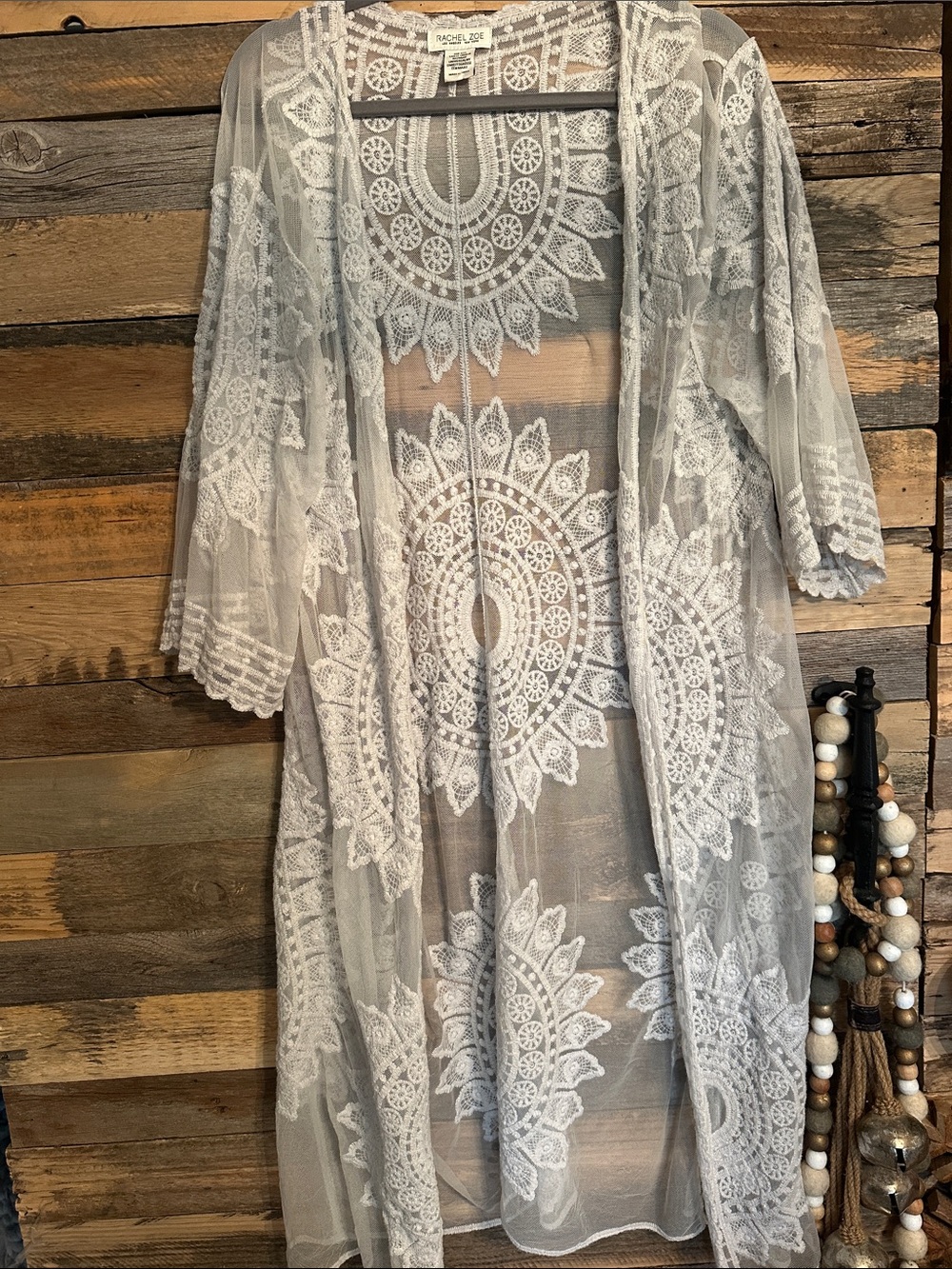 Rachel Zoe Sheer Lace Medallion Kimono in Light Gray bohemian boho party